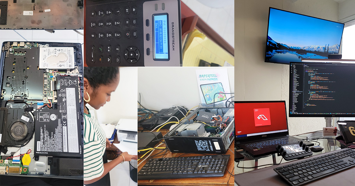 Stage informatique en Haïti chez LJ TechHub : réparation laptop, dépannage imprimante, installation réseau et développement web en pratique